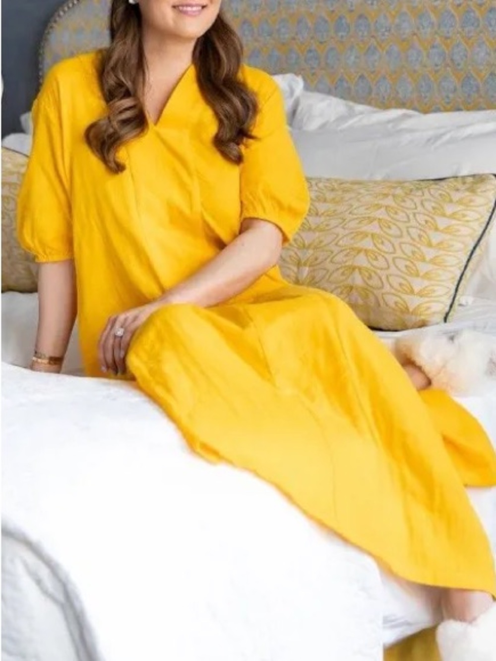 LAKE Marigold Cotton Gauze Midi Dress V Neck Puff Sleeve Resort Excellent XL - Picture 9 of 11